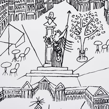 Black-and-white sketch of a city square with a statue on a pedestal, steps, surrounding buildings, trees and outdoor tents.