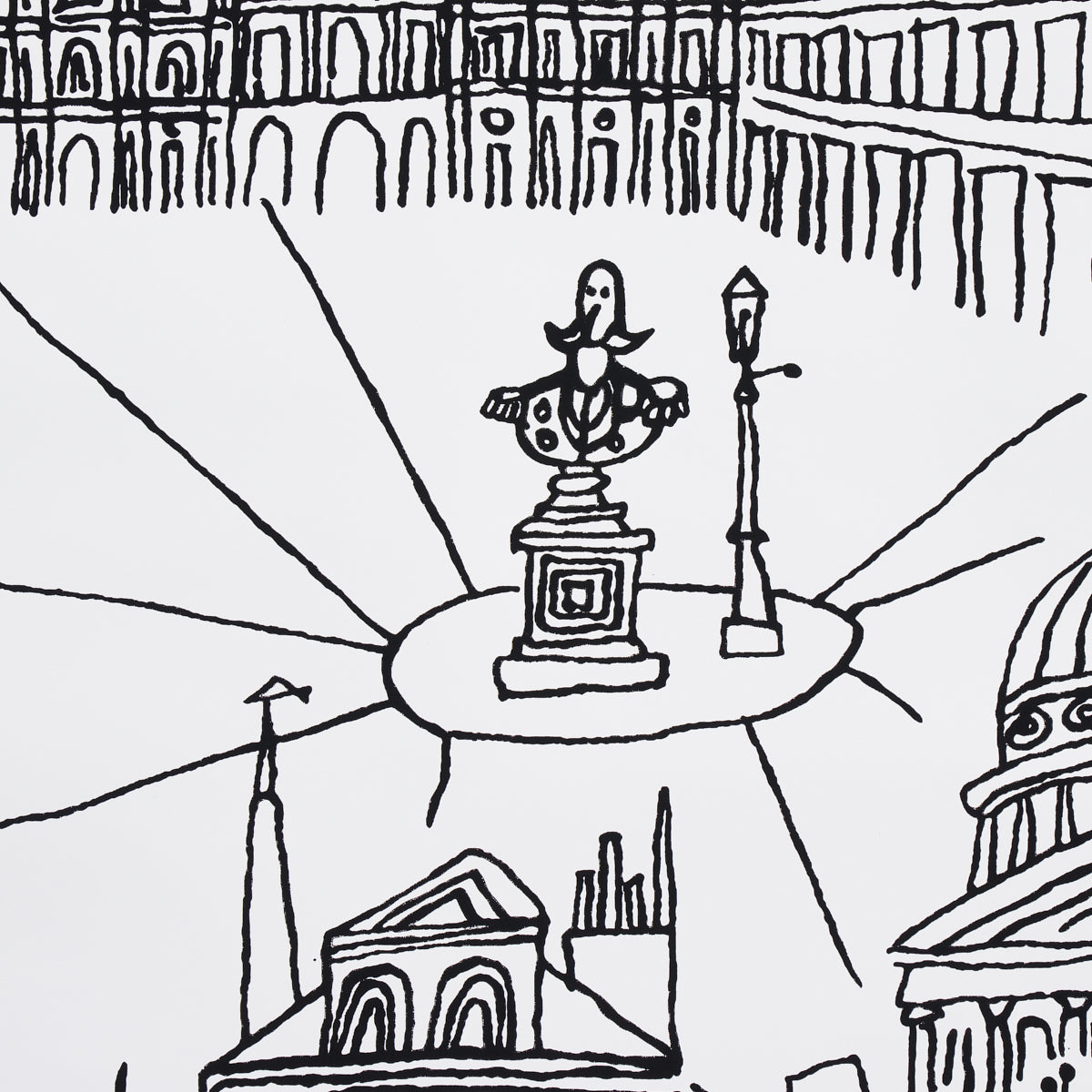 Monochrome line-art poster of a circular plaza with a pedestal statue and a lamppost, arch buildings in the background.