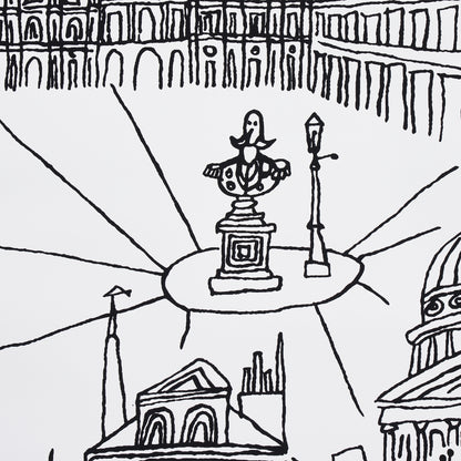 Monochrome line-art poster of a circular plaza with a pedestal statue and a lamppost, arch buildings in the background.