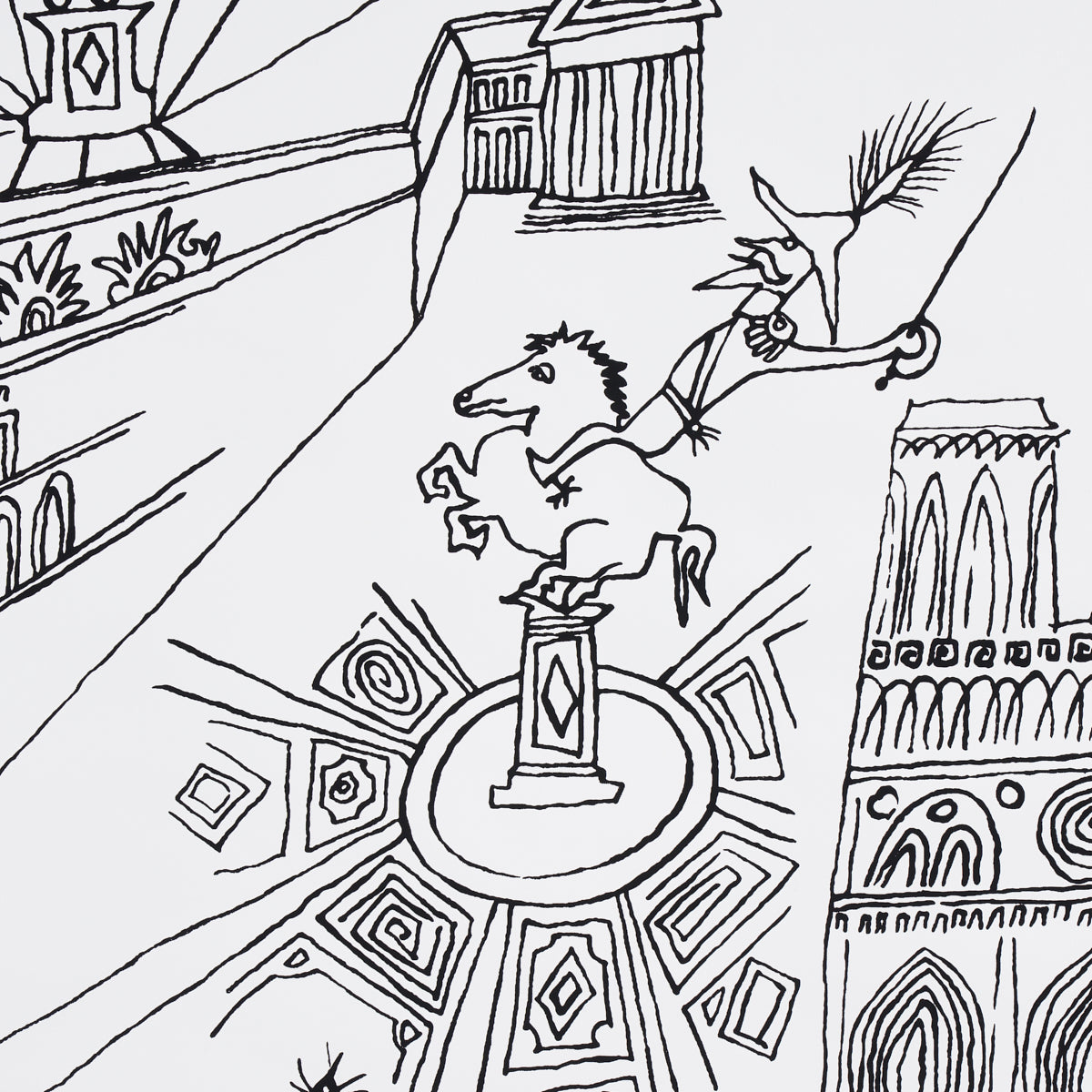 Black-and-white line drawing of Paris views, showing classical buildings around a circular tiled plaza.