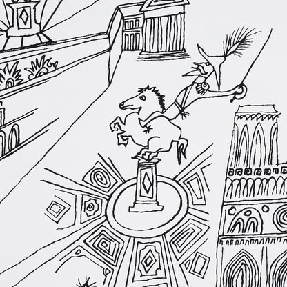 Black-and-white line drawing of Paris views, showing classical buildings around a circular tiled plaza.