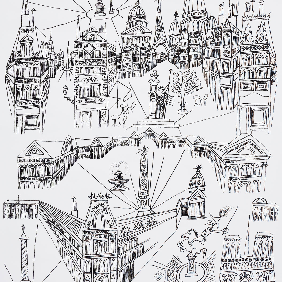Intricate black-and-white line drawing of a sprawling ornate city with domed towers, arches, statues, & central plaza.