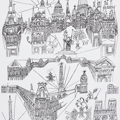 Intricate black-and-white line drawing of a sprawling ornate city with domed towers, arches, statues, & central plaza.