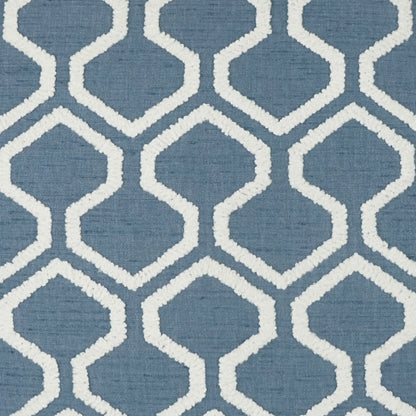 Blue fabric with a white trellis geometric lattice pattern and linen-like texture on a 24" x 24" pillow with raw-edge seams.