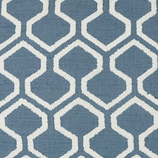 Blue rug with white geometric trellis pattern; woven texture.