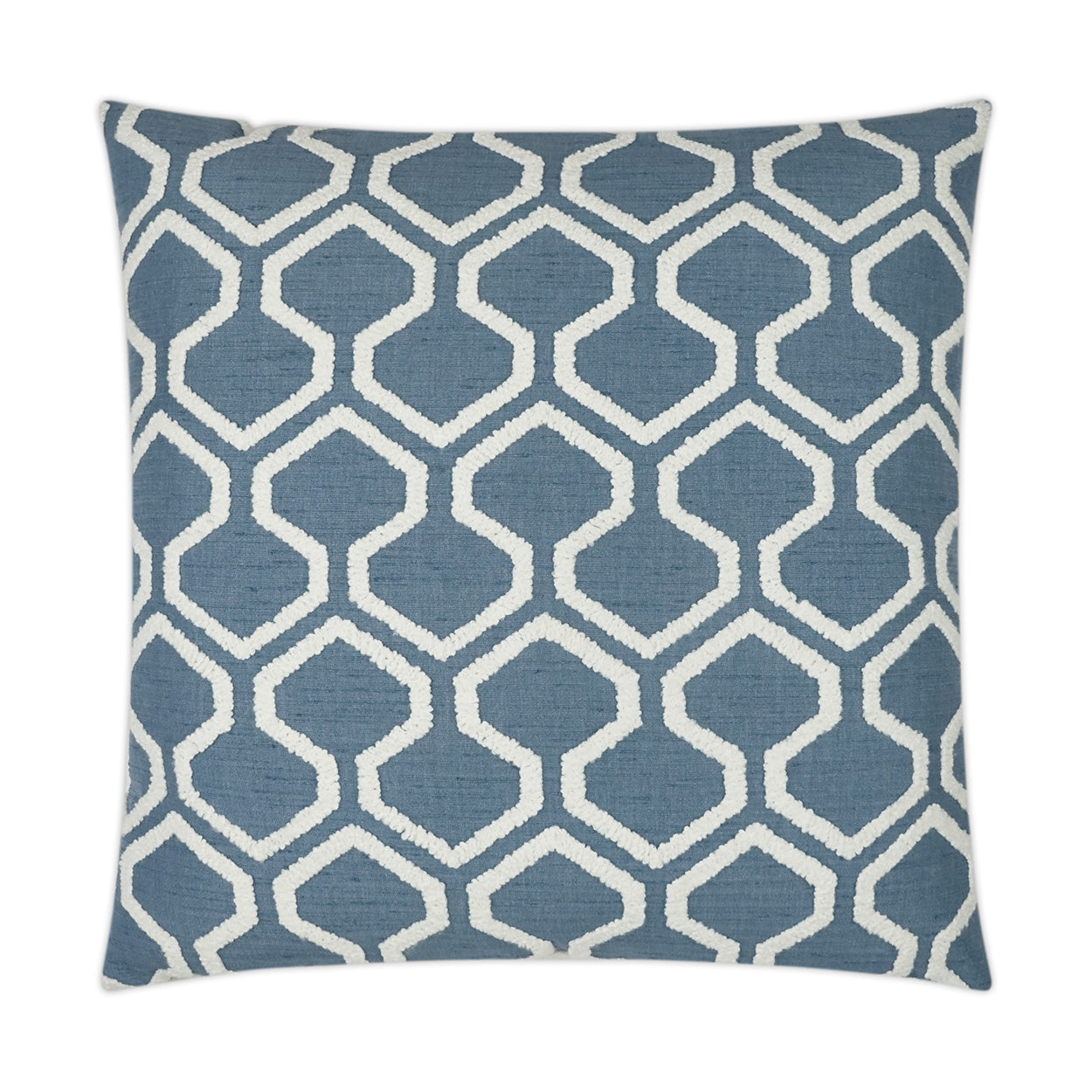 Blue square decorative pillow in soft fabric with white geometric lattice pattern; modern home decor accent.