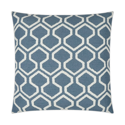 Blue square decorative pillow in soft fabric with white geometric lattice pattern; modern home decor accent.