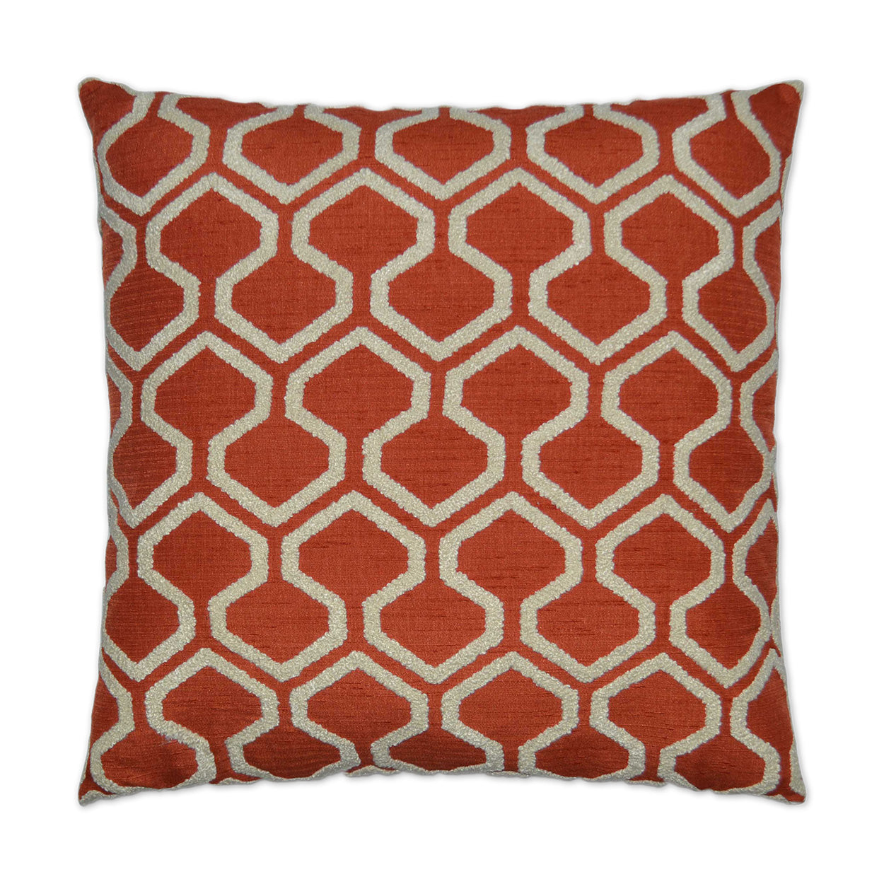Square orange pillow with cream interlocking geometric lattice pattern; modern Moroccan-inspired decor cushion.