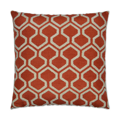 Square orange pillow with cream interlocking geometric lattice pattern; modern Moroccan-inspired decor cushion.