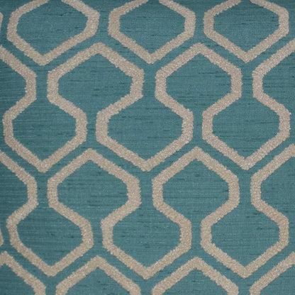 Teal pillow with cream interlocking diamond lattice pattern; turquoise nautical textured fabric; raw-edged pillow.