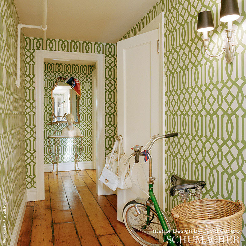 Bright hallway with green geometric wallpaper, wooden plank floor, white doors, a vintage green bicycle with wicker basket, tote bags on the door, and a wall mirror at the far end.