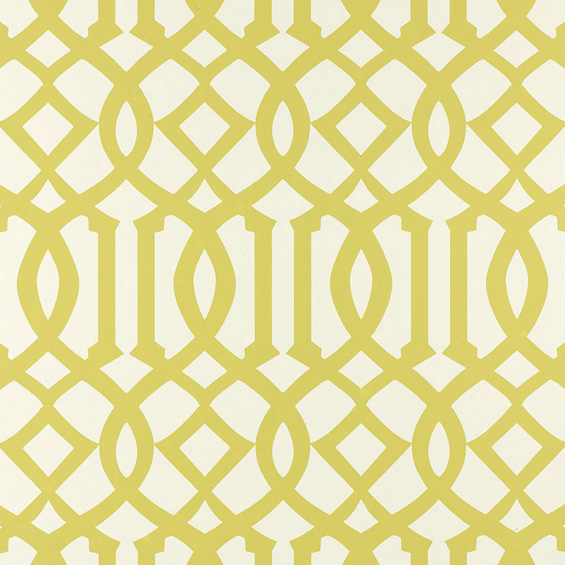 Mustard yellow geometric lattice wallpaper with interlocking rings and diamonds on cream, Art Deco-inspired.