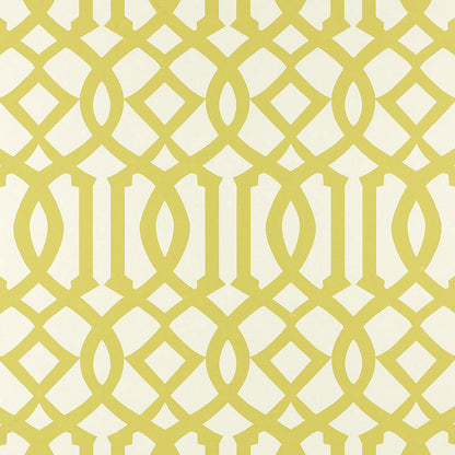 Mustard yellow geometric lattice wallpaper with interlocking rings and diamonds on cream, Art Deco-inspired.