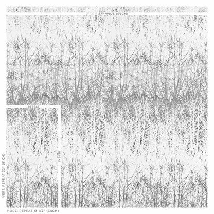 Gray and white birch trees in a mirrored, repeating pattern (silver) for fabric or wallpaper.
