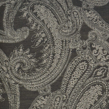 Grey traditional 24x24 pillow fabric with an ornate beige damask pattern and textured weave