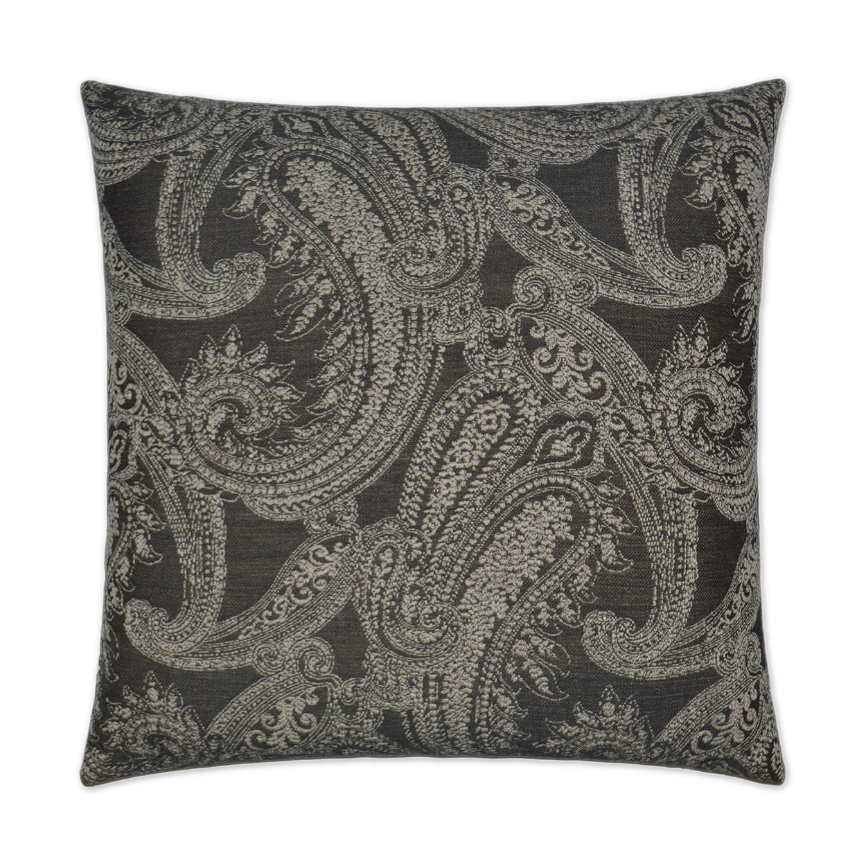 Charcoal gray square throw pillow with an intricate silver paisley pattern.