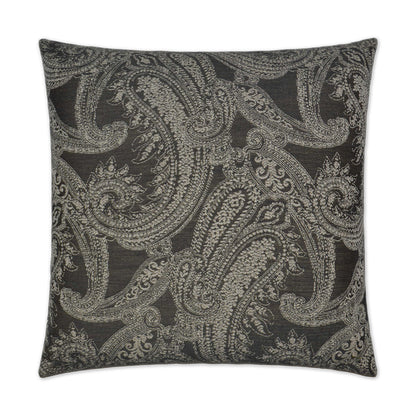 Charcoal gray square throw pillow with an intricate silver paisley pattern.