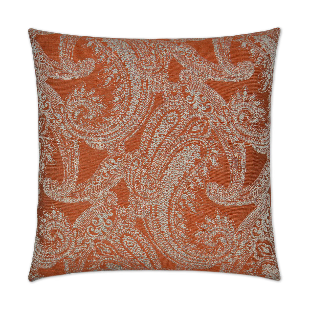 Orange square pillow with light beige paisley pattern, decorative home decor accent.
