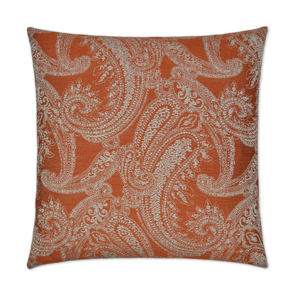 Orange square pillow with light beige paisley pattern, decorative home decor accent.