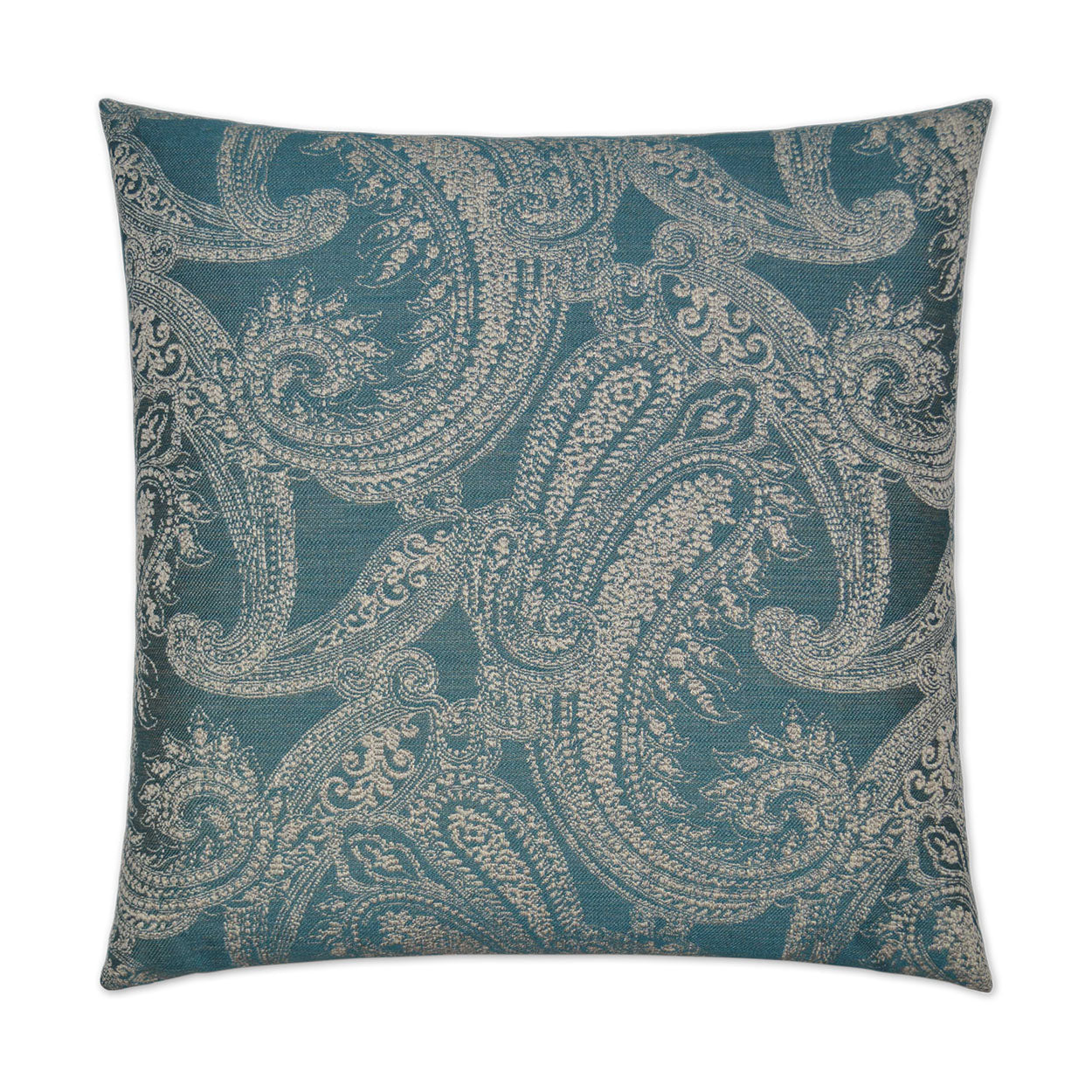 Square decorative throw pillow with turquoise background and cream paisley pattern, textured fabric.