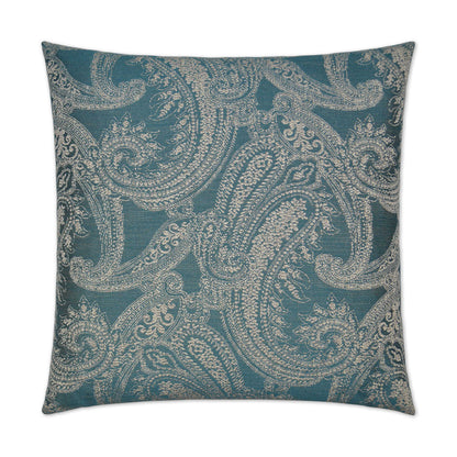 Square decorative throw pillow with turquoise background and cream paisley pattern, textured fabric.