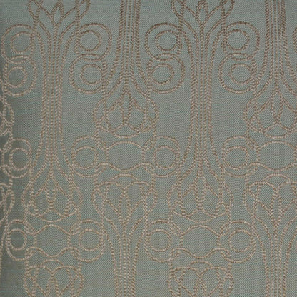 Teal fabric with metallic gold embroidered damask scroll pattern, elegant vintage-inspired textile.