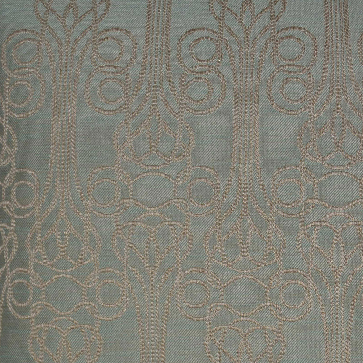 Teal fabric with metallic gold damask jacquard pattern featuring scrolls and floral motifs in vertical columns.