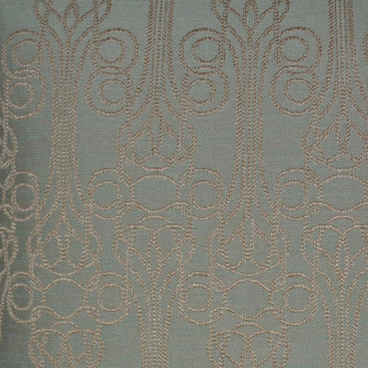 Teal fabric with metallic gold damask jacquard pattern featuring scrolls and floral motifs in vertical columns.