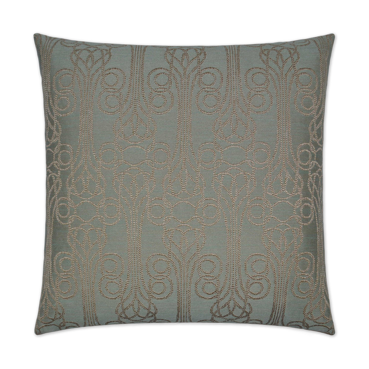 Square decorative throw pillow in mint with bronze damask jacquard pattern and metallic thread.
