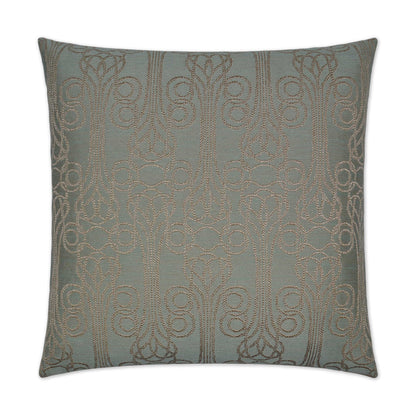 Square decorative throw pillow in mint with bronze damask jacquard pattern and metallic thread.