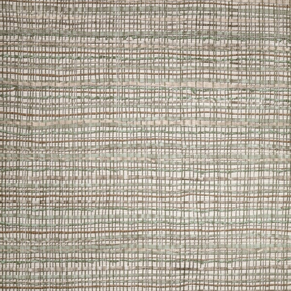Beige and cream woven wallcovering with a subtle gray-brown grid pattern; textured wall surface.