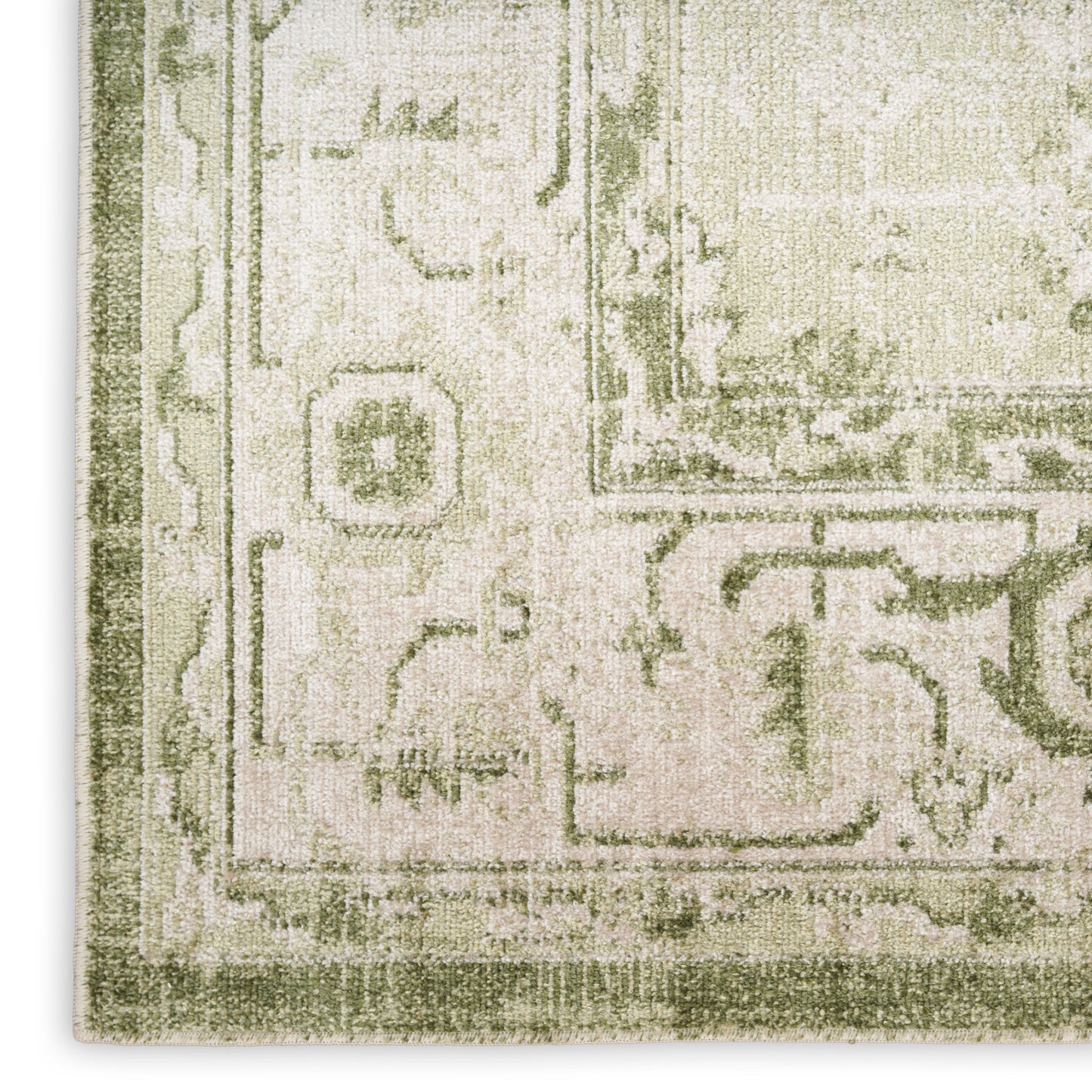 Close-up of olive-green and ivory distressed area rug with ornate border and woven texture.