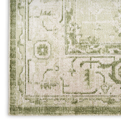 Close-up of olive-green and ivory distressed area rug with ornate border and woven texture.