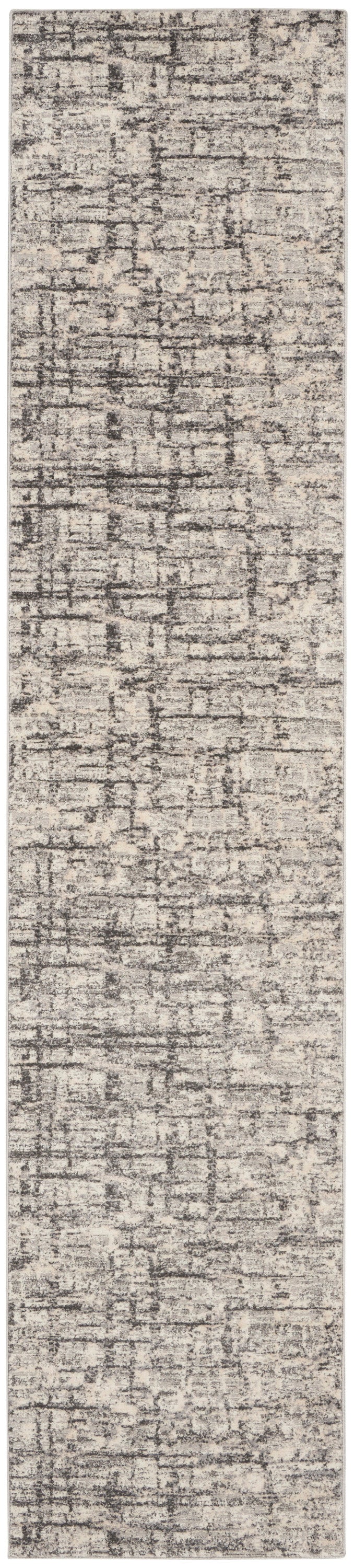 Long beige and gray distressed abstract-pattern rug runner with soft pile; modern, narrow decor piece.