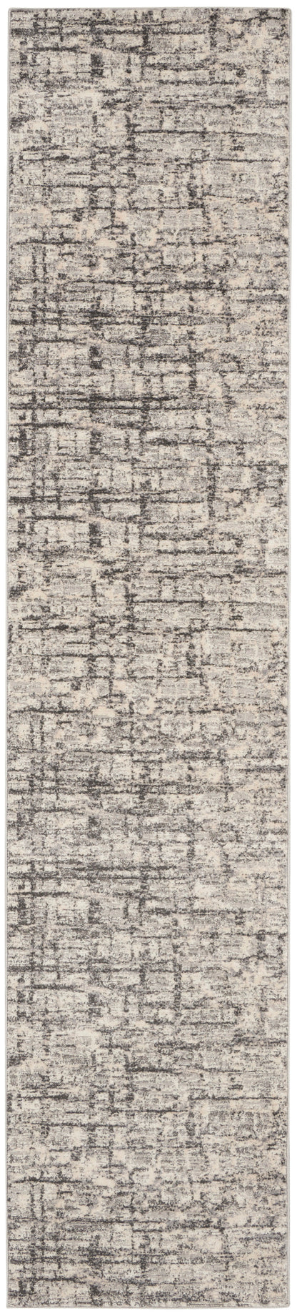 Long beige and gray distressed abstract-pattern rug runner with soft pile; modern, narrow decor piece.