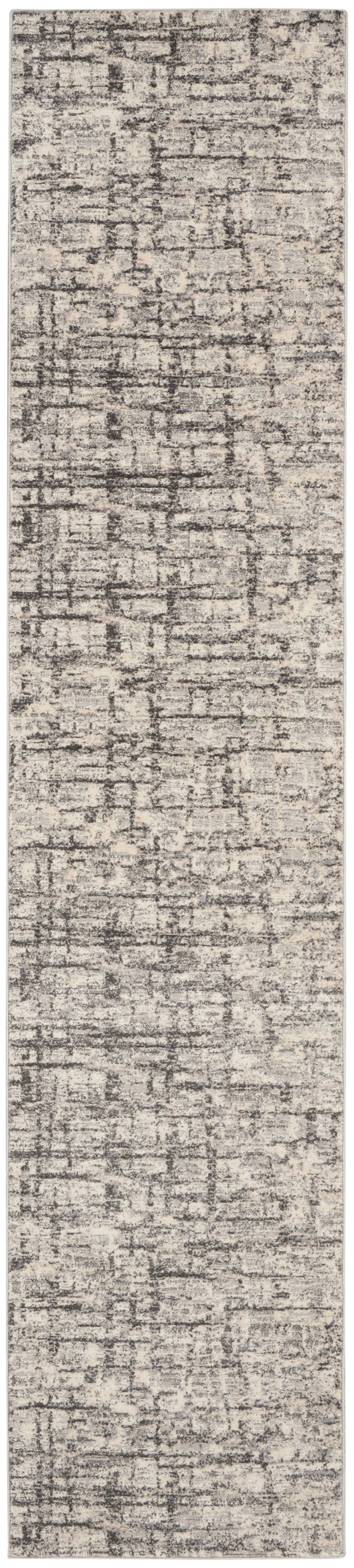 Long beige and gray distressed abstract-pattern rug runner with soft pile; modern, narrow decor piece.