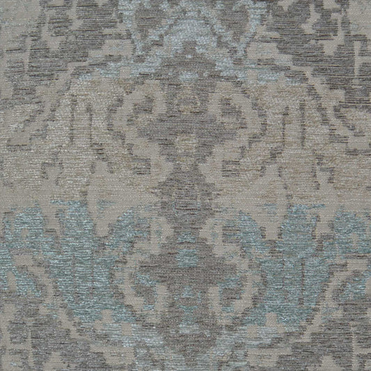 Gray beige damask rug with light blue accents; ornate traditional textile pattern.