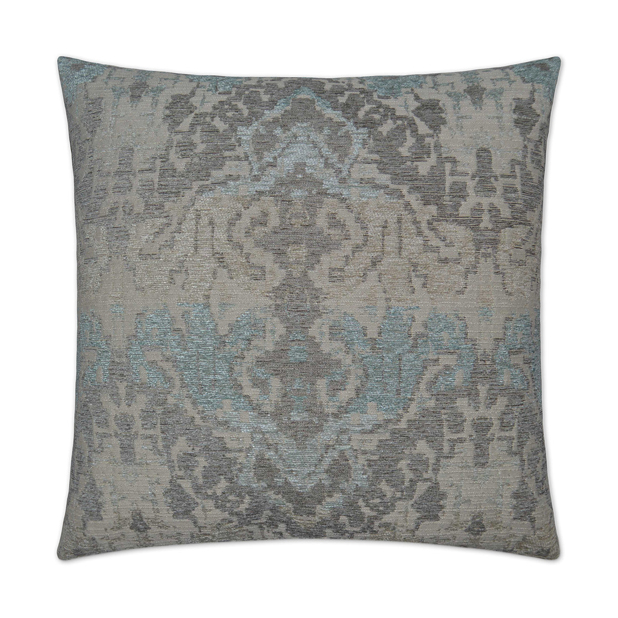 Decorative square pillow with a gray-blue damask pattern and textured jacquard weave.