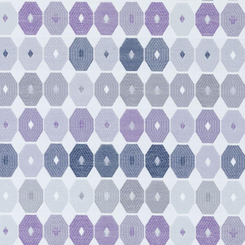 Geometric pattern of octagonal rings in lavender, lilac and blue; modern retro upholstery fabric.