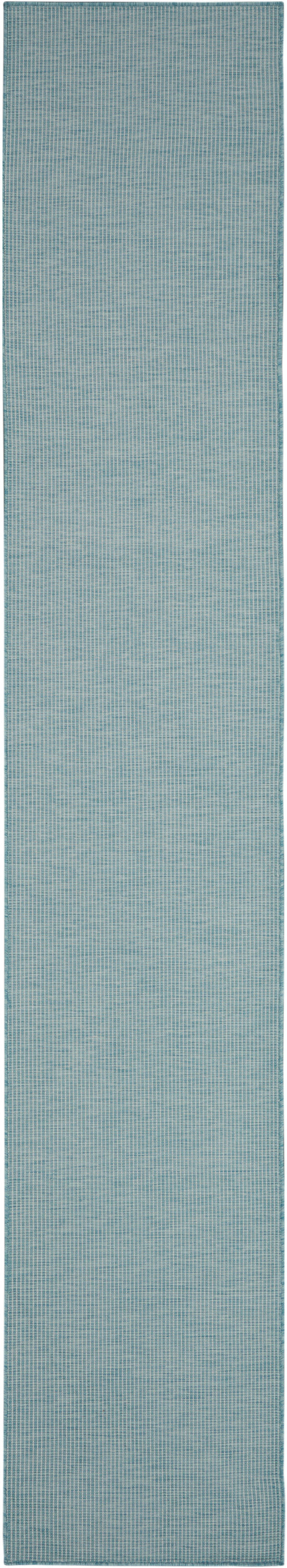 Teal-blue woven rug runner with subtle grid pattern; soft textured, rectangular for hallway or entryway.