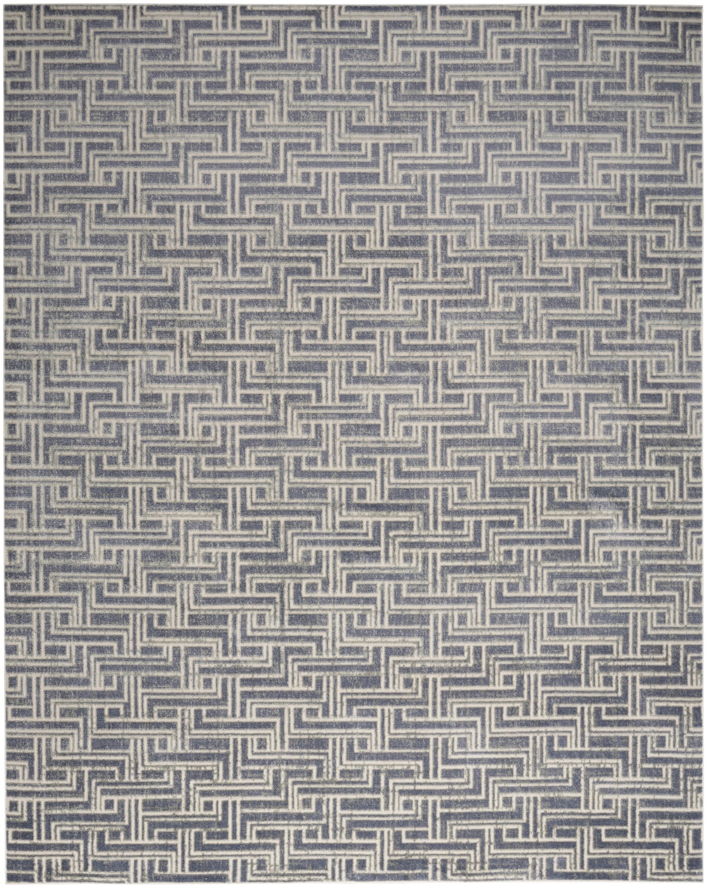 Navy and beige woven rug with interlocking rectangular meander pattern; geometric labyrinth motif for modern decor.