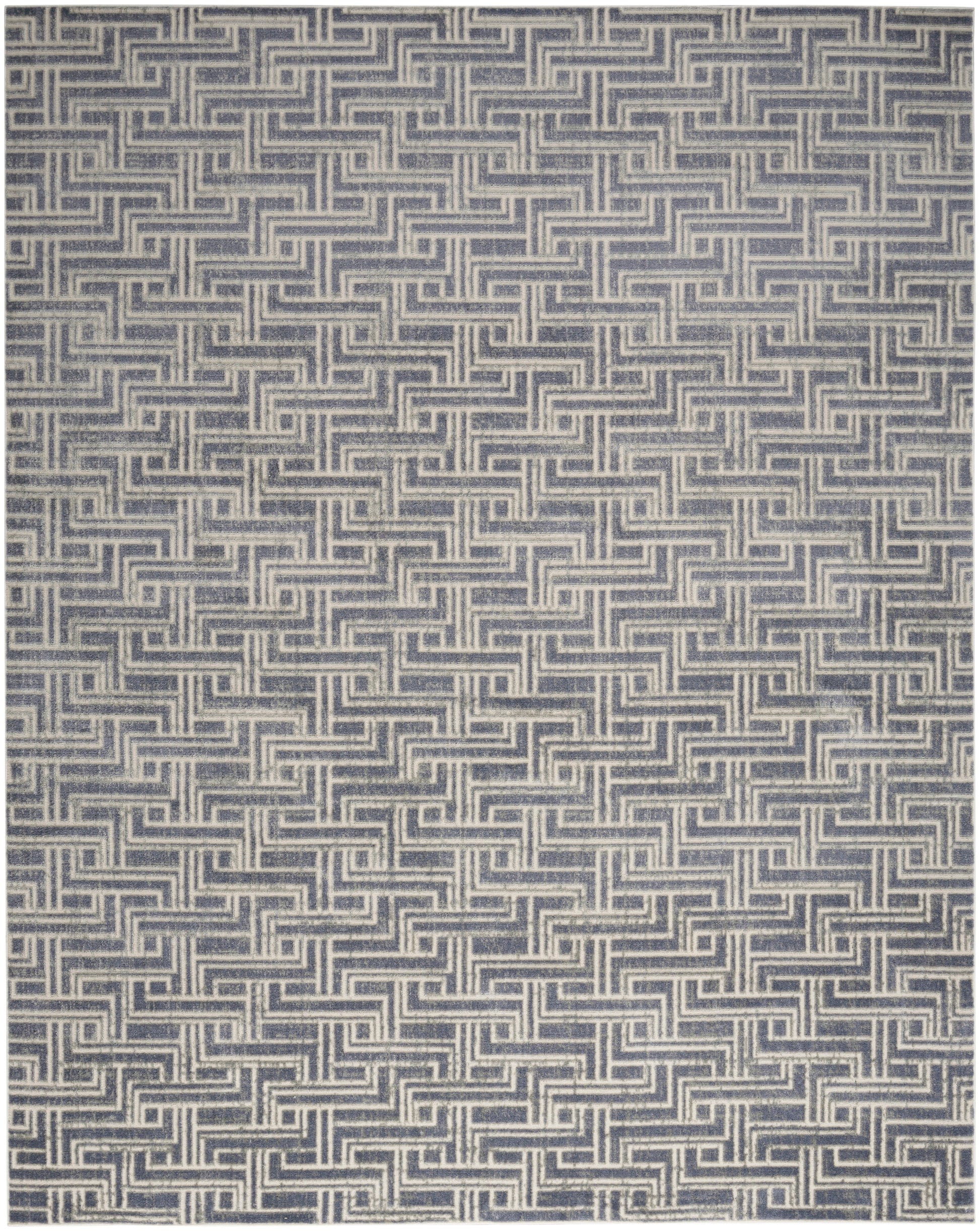 Navy and beige woven rug with interlocking rectangular meander pattern; geometric labyrinth motif for modern decor.