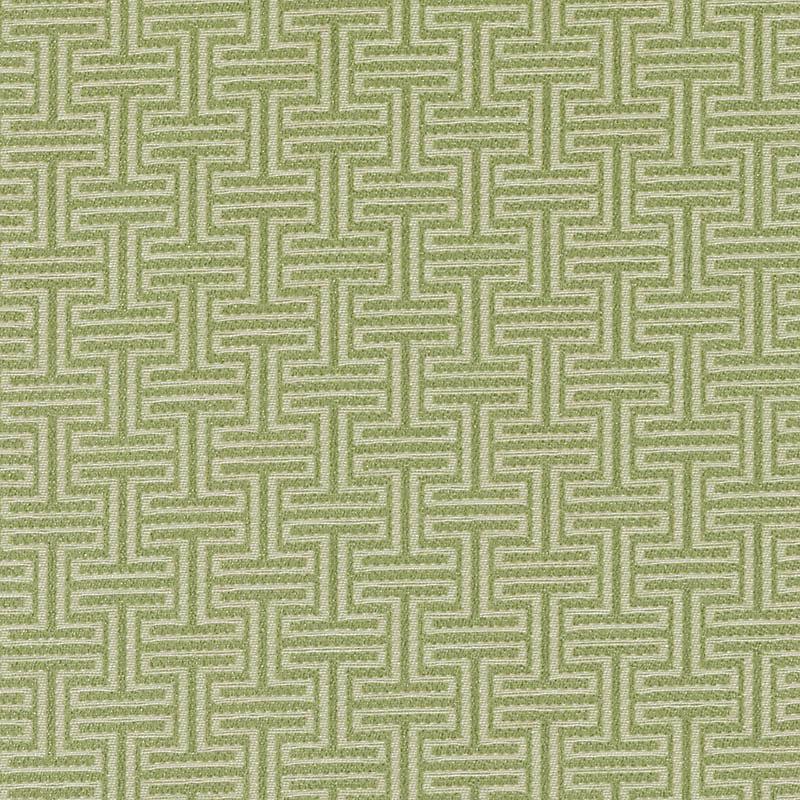 Pistachio-colored fabric with a beige Greek key geometric weave; decorative upholstery fabric.