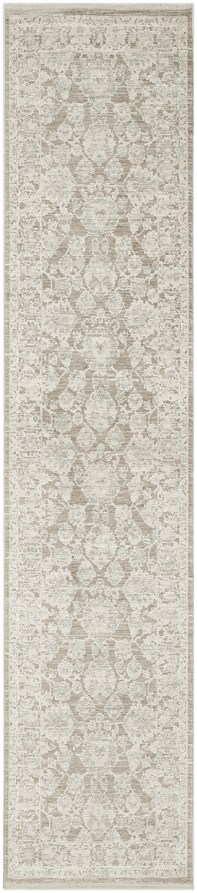 Beige distressed oriental rug runner with faded taupe medallion pattern and decorative border.