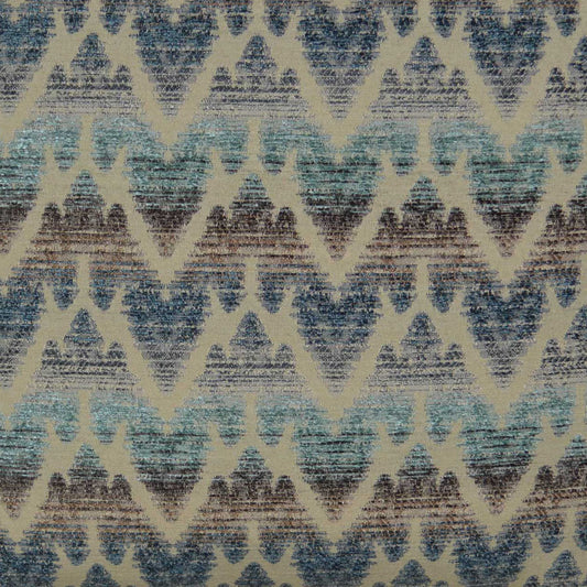 Woven fabric with chevron zigzag pattern in blue, teal, and brown on beige background; boho textile style.