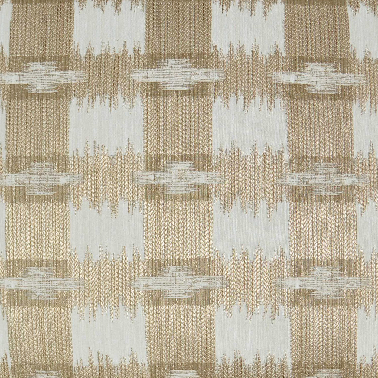 Beige and ivory woven fabric with geometric block pattern and subtle texture; ideal for upholstery or drapery.