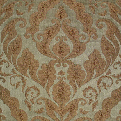24" x 24" beige damask pillow with a gold-brown ornate scroll pattern in a vintage Baroque style.