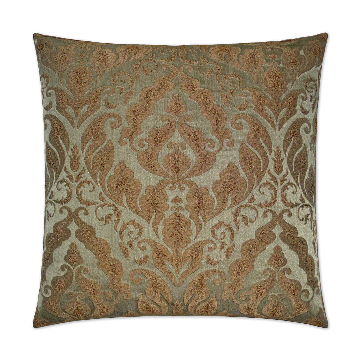 Square decorative pillow with gold damask pattern on muted gray-green background.