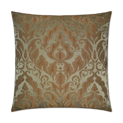 Square decorative pillow with gold damask pattern on muted gray-green background.