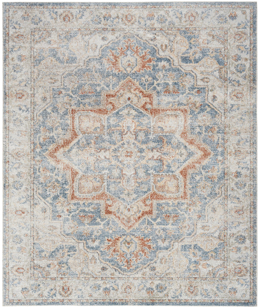 Distressed oriental area rug with ivory backdrop, blue and rust central medallion, floral border.